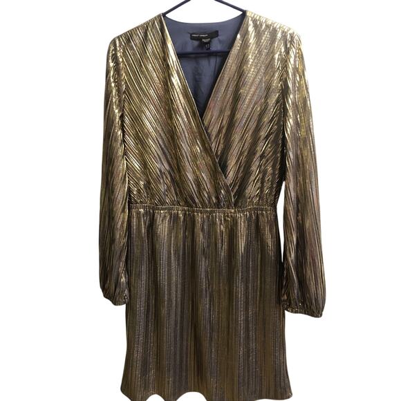 Maggy London Womens Metallic Gold Pleated Long Sleeve V Neck Dress Sz 12 Holiday - Picture 2 of 12